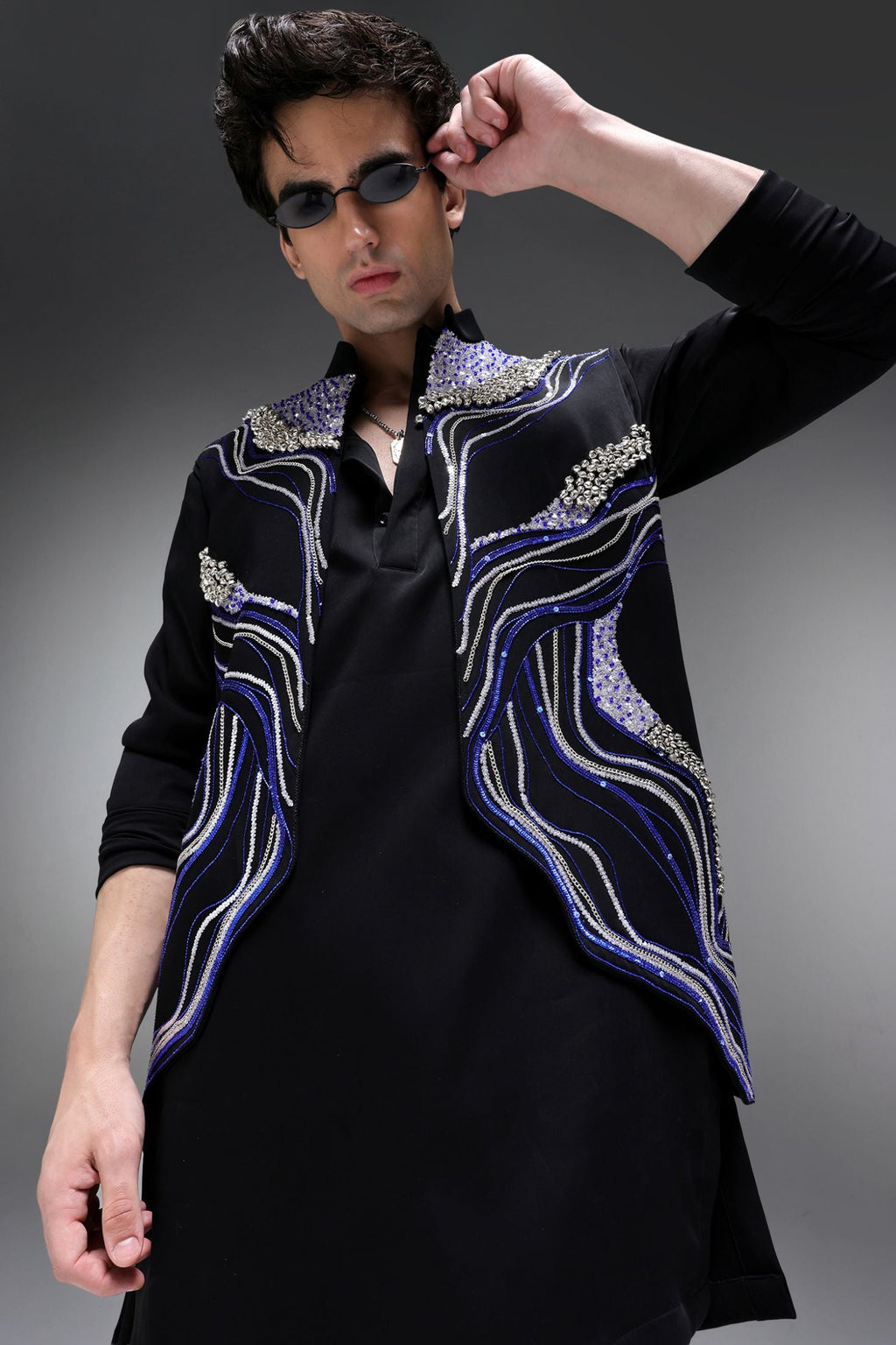 Azure(Ghungru) - Hand Embroidered Designer Bundi With Organza Kurta - Black