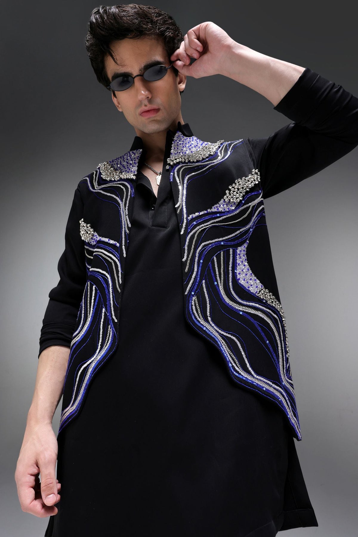 Azure(Ghungru) - Hand Embroidered Designer Bundi With Organza Kurta - Black