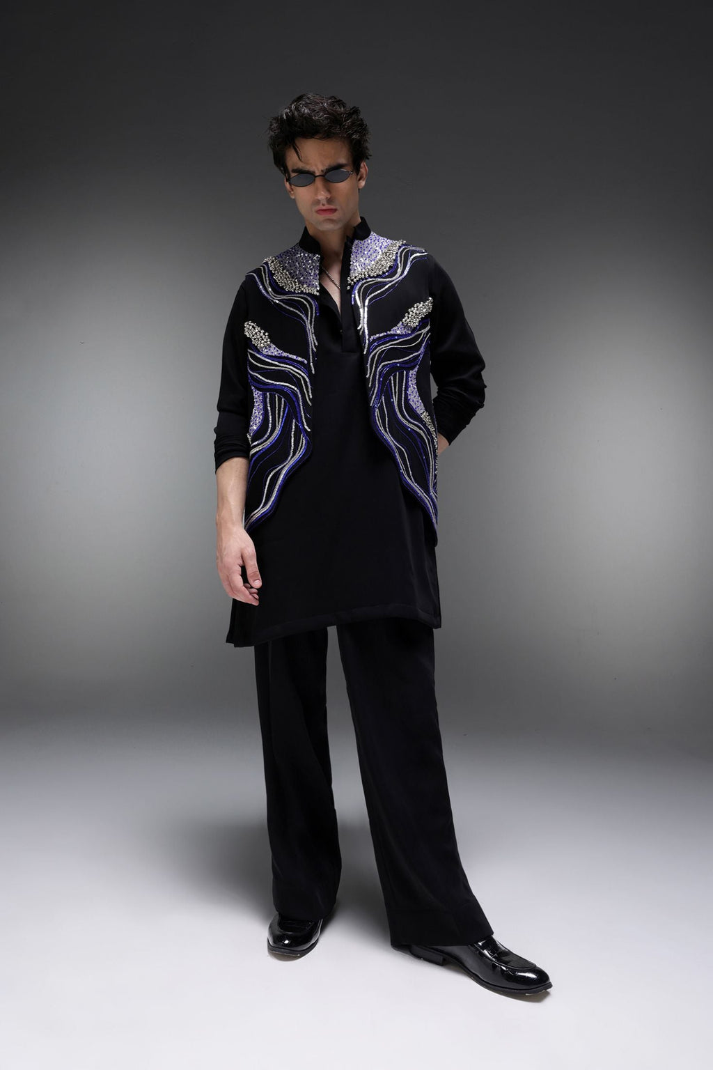 Azure(Ghungru) - Hand Embroidered Designer Bundi With Organza Kurta - Black
