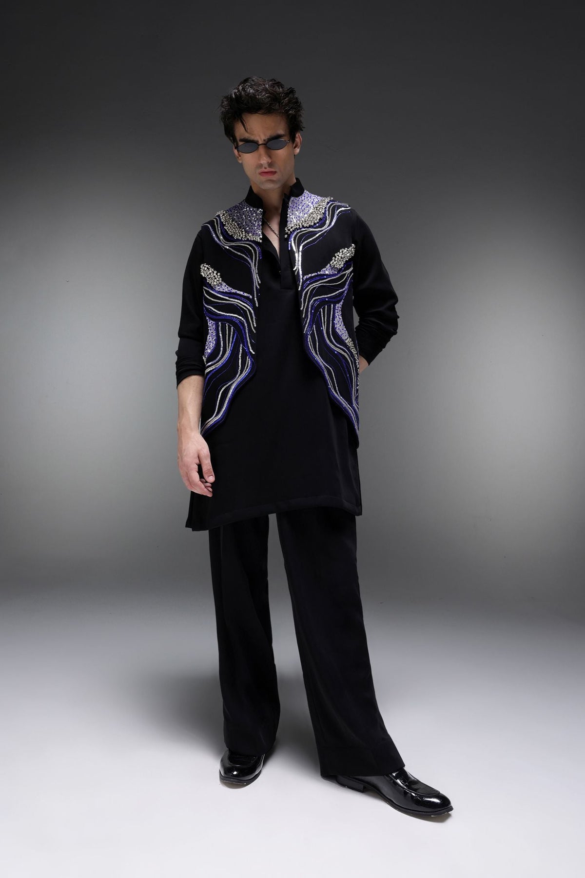 Azure(Ghungru) - Hand Embroidered Designer Bundi With Lachka Kurta - Black