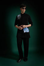 Aquatic Bloom Hand Embroidered Designer Bundi Set - Black