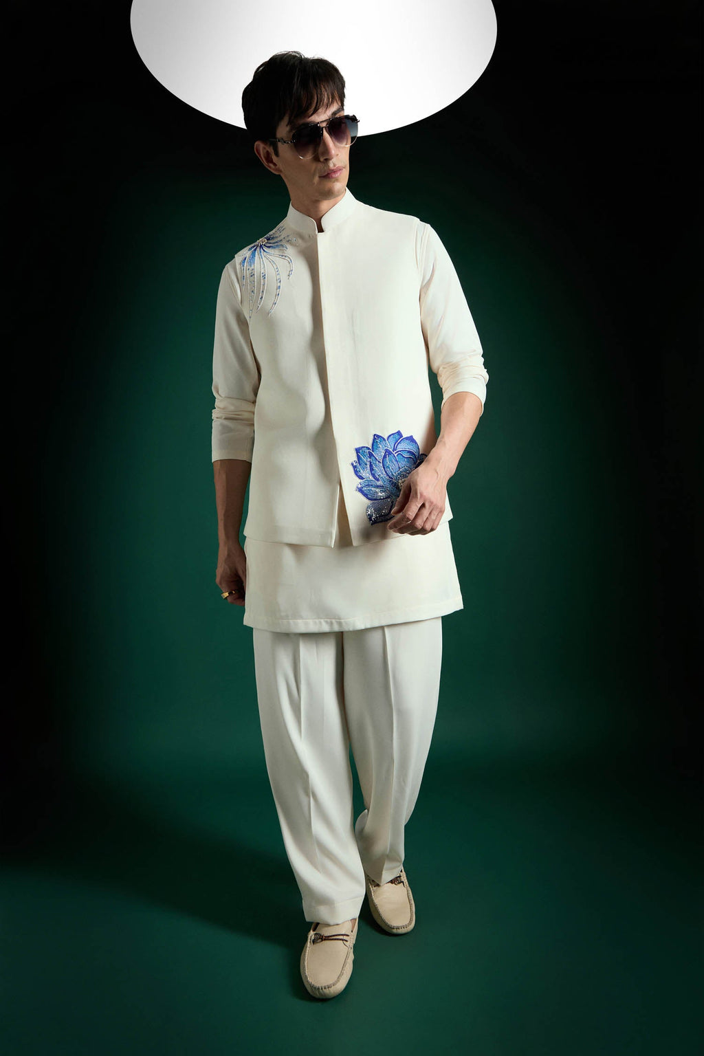 Aquatic Bloom(Flower) Hand Embroidered Designer Bundi Set - Ivory