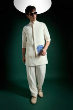 Aquatic Bloom(Flower) Hand Embroidered Designer Bundi Set - Ivory
