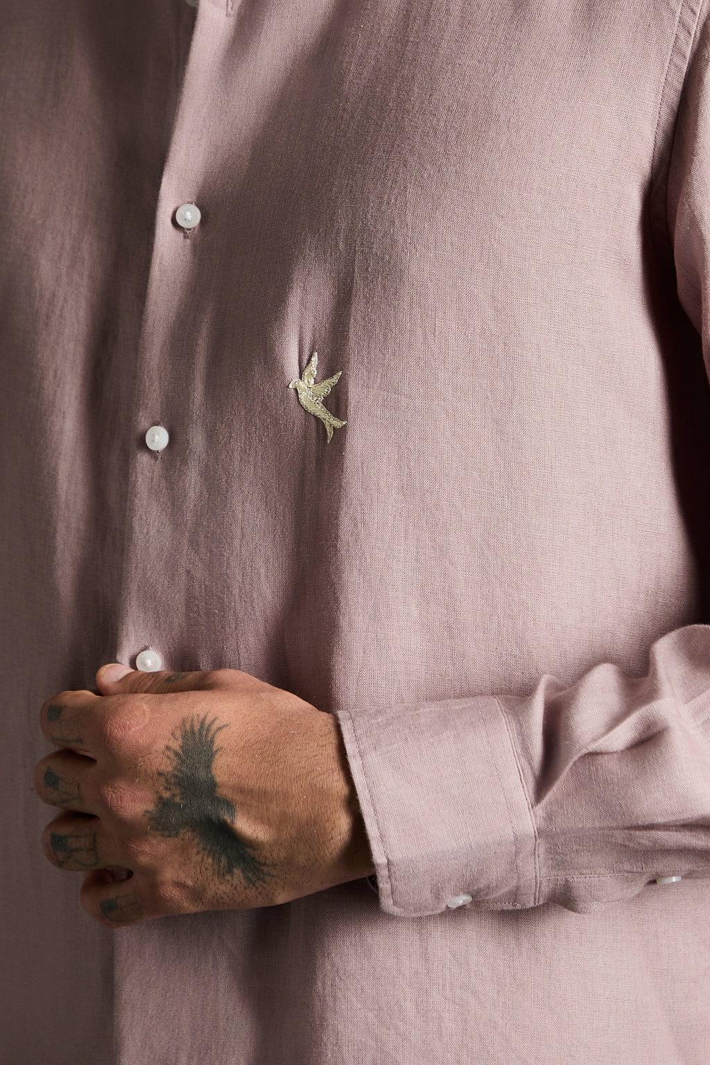 Bird Hand Embroidered Irish Linen Shirt - Dusky Pink