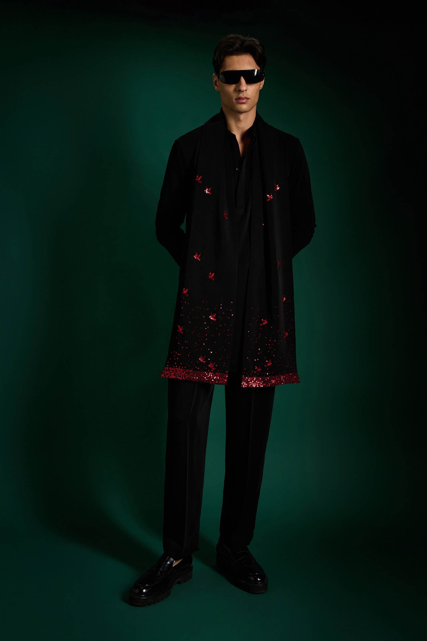 Speckled Birds Hand Embroidered Designer Shawl Set With Kurta And Pant