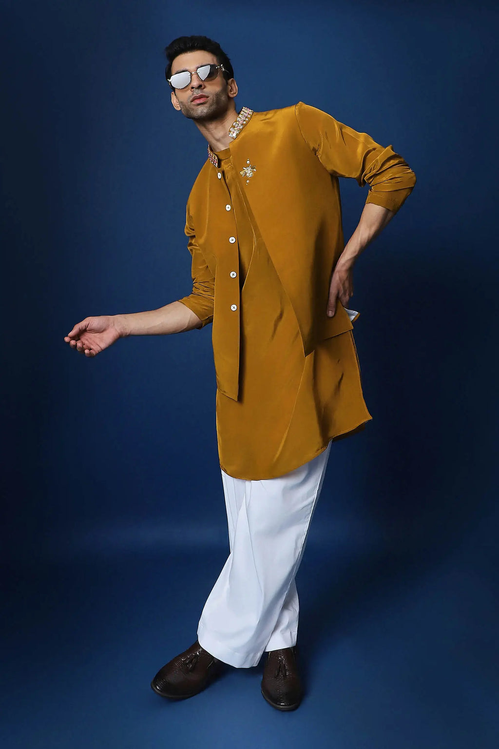 Groom Squad Hand Embroidered Crepe Bundi Set - Mustard