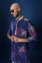 Flower Print Bandhani Hand Embroidered Bundi Set - Blue