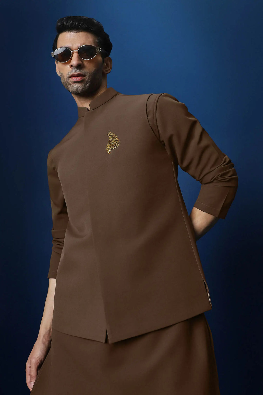 Feather (Wing) Hand Embroidered Bundi Set - Brown