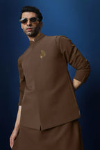 Feather (Wing) Hand Embroidered Bundi Set - Brown