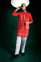 Red Print Hand Embroidered Designer Bundi Set