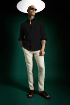 Spade Hand Embroidered Irish Linen Shirt - Black - Brown