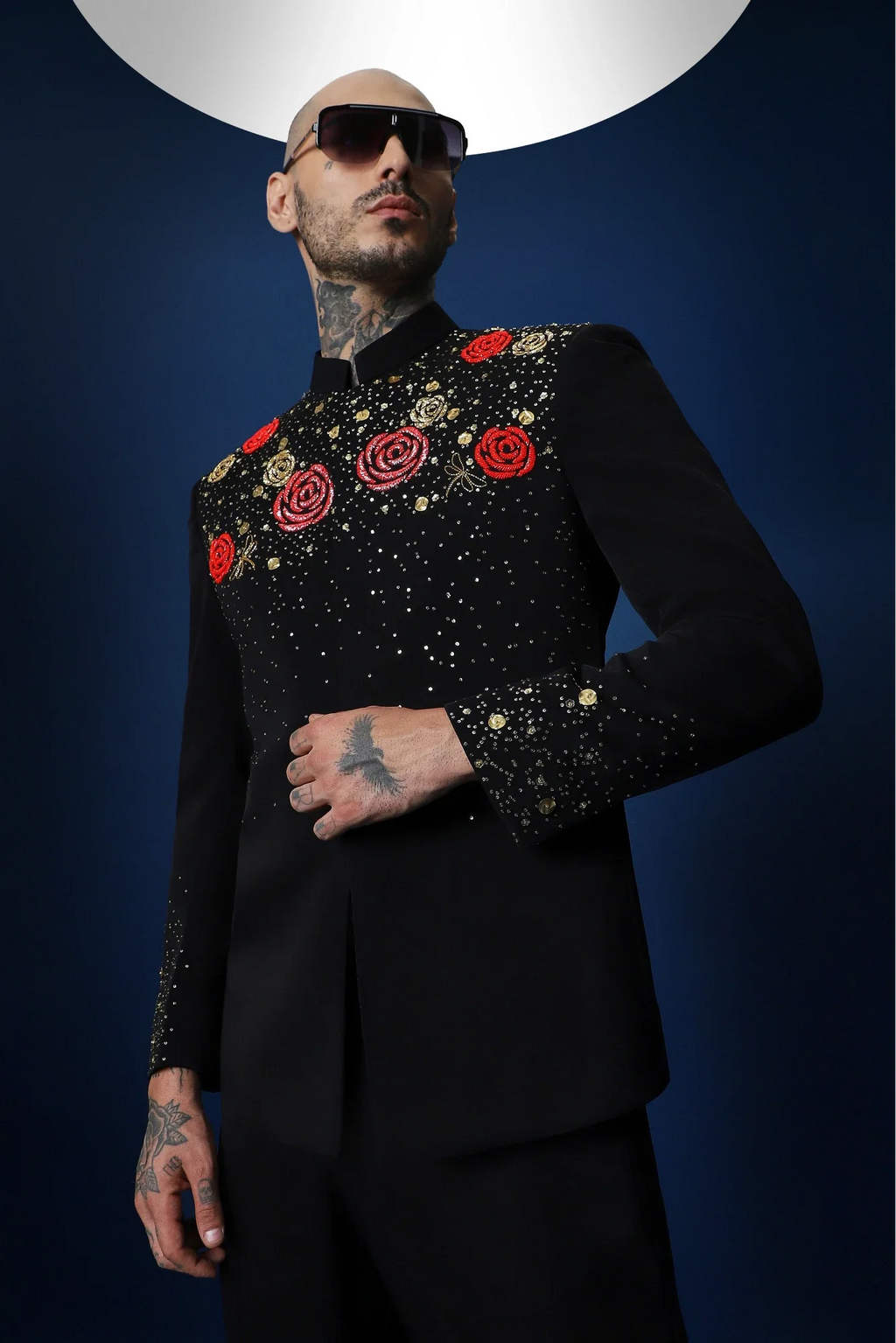 Celestial Rose Hand Embroidered Bandhgala - Black