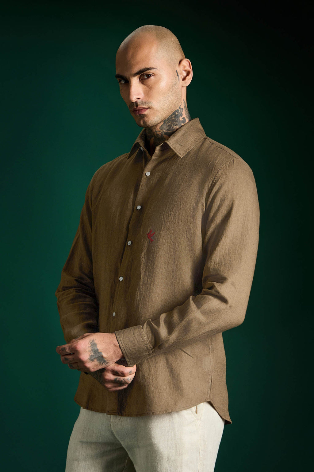 Bird Hand Embroidered Irish Linen Shirt - Cocoa Brown