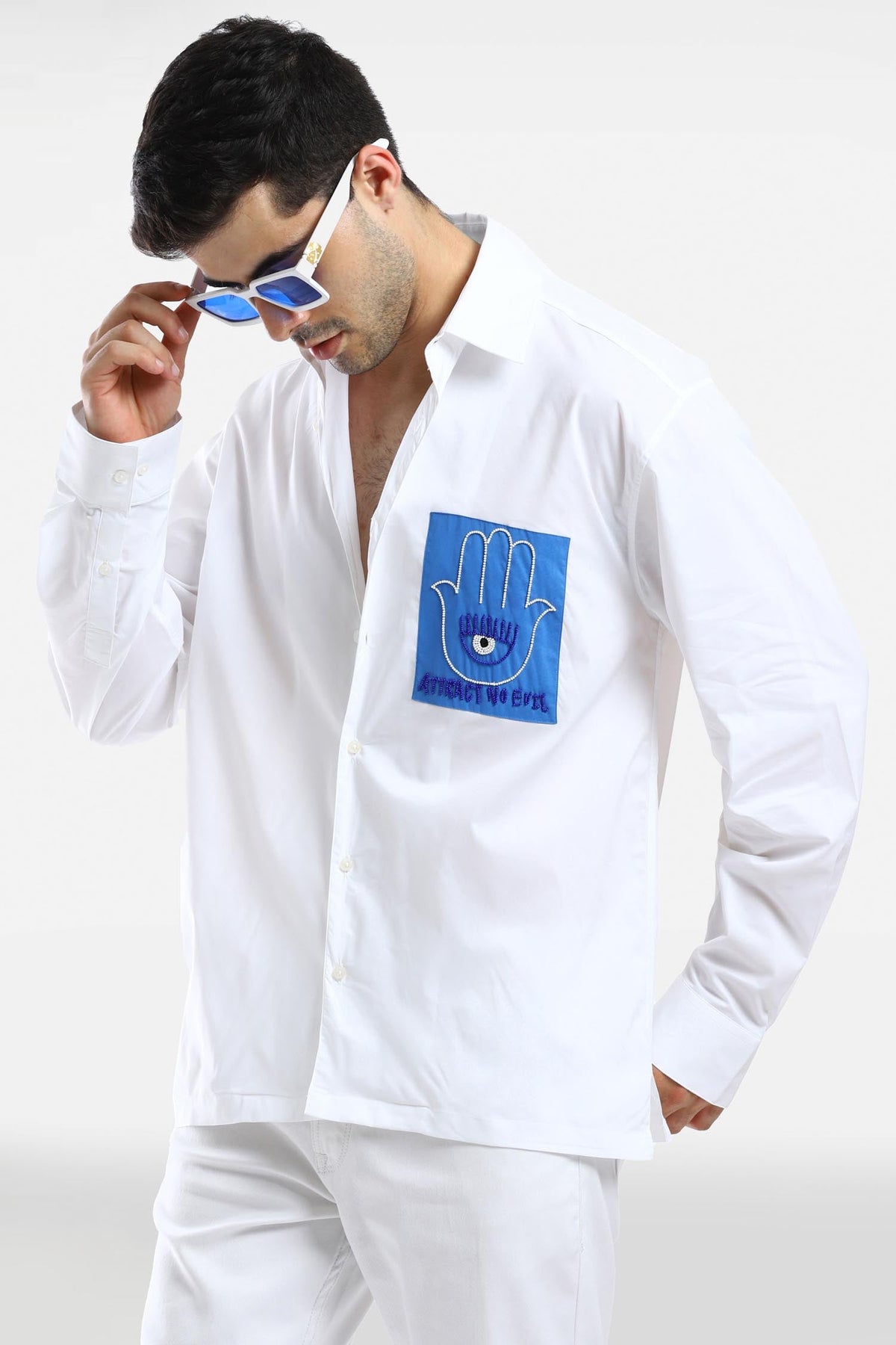 Attract no evil - Hand Embroidered Oversized Designer Shirt - White