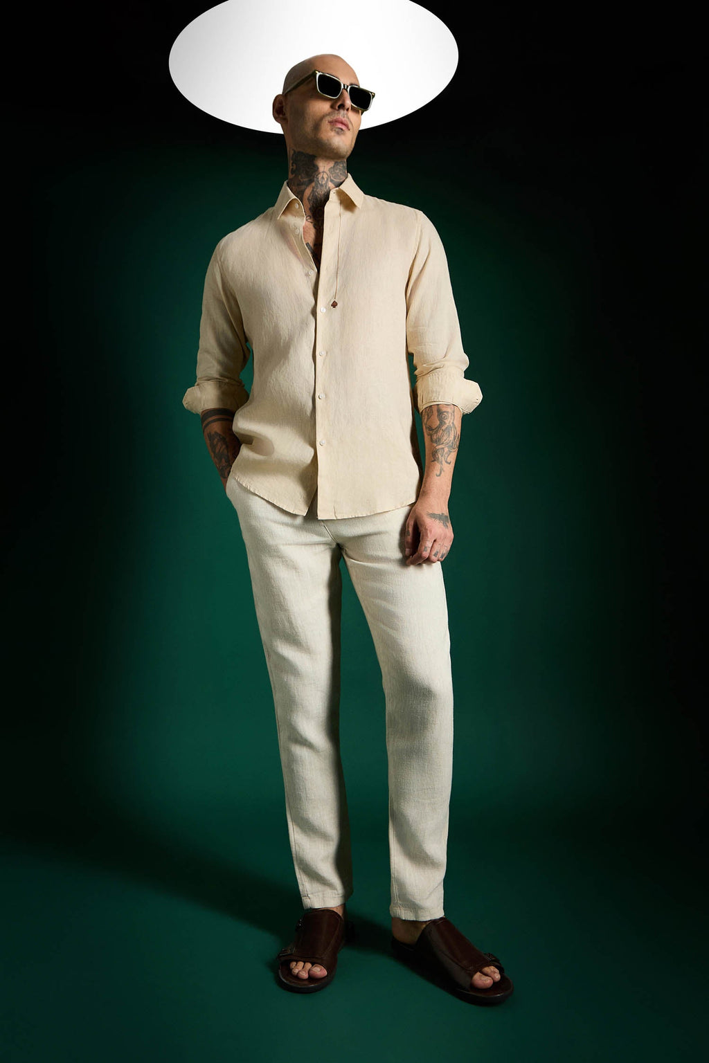 Spade Hand Embroidered Irish Linen Shirt - Beige
