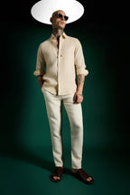 Spade Hand Embroidered Irish Linen Shirt - Beige