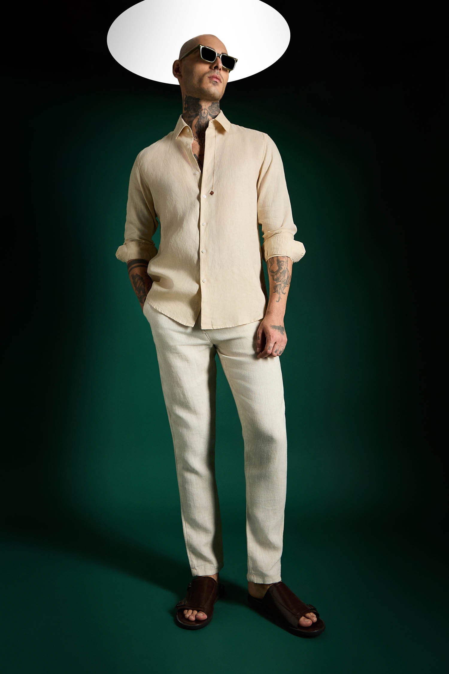 Spade Hand Embroidered Irish Linen Shirt - Beige