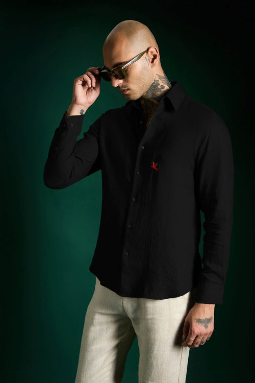 Bird Hand Embroidered Irish Linen Shirt - Black - Red