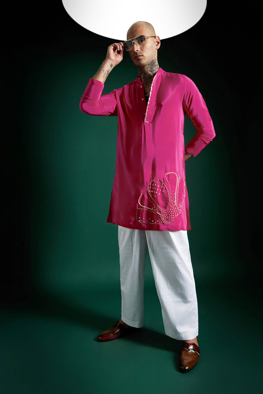 Petals Hand Embroidered Designer Kurta - Hot Pink