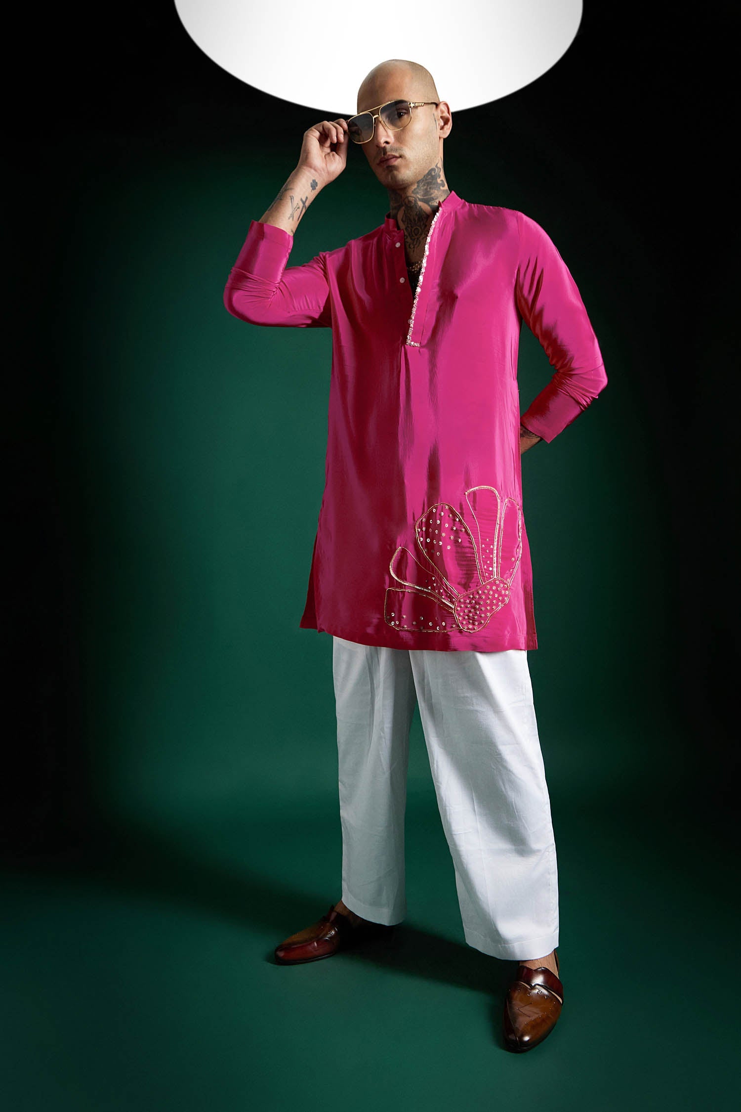 Petals Hand Embroidered Designer Kurta - Hot Pink