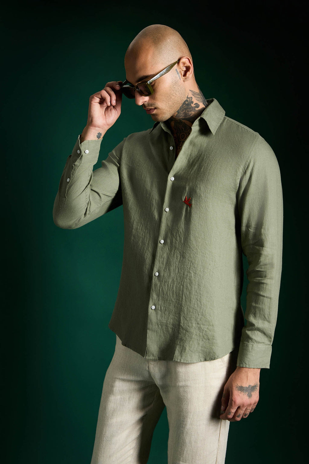 Bird Hand Embroidered Irish Linen Shirt - Olive Green
