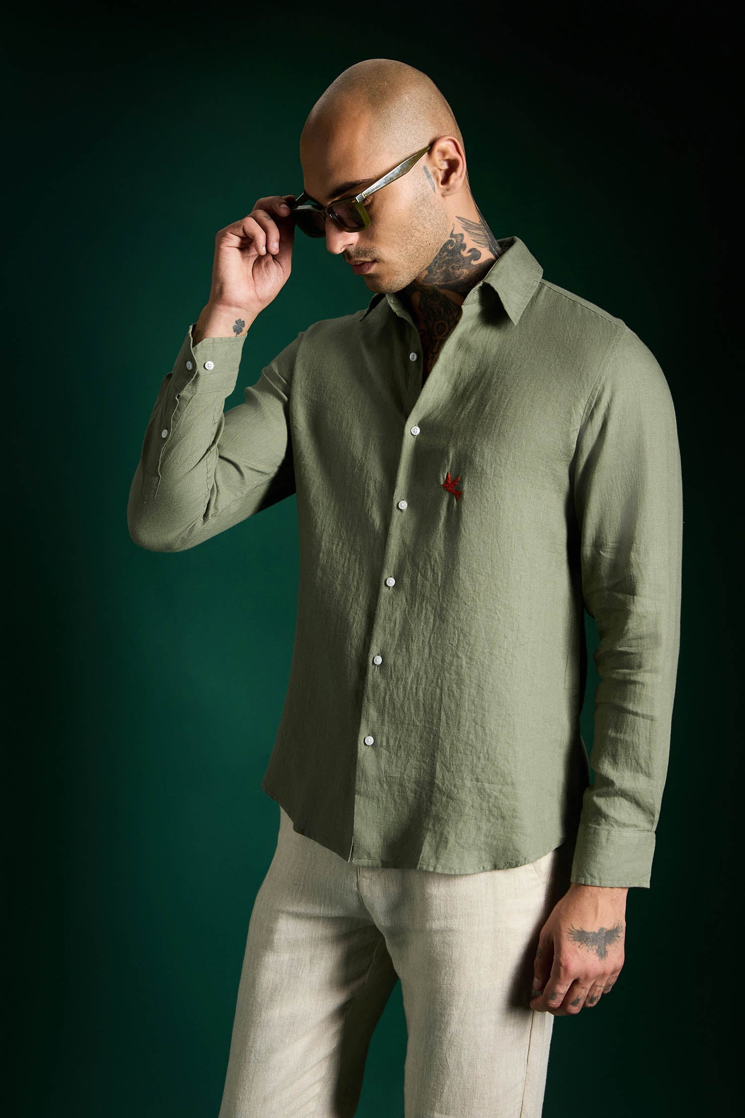Bird Hand Embroidered Irish Linen Shirt - Olive Green
