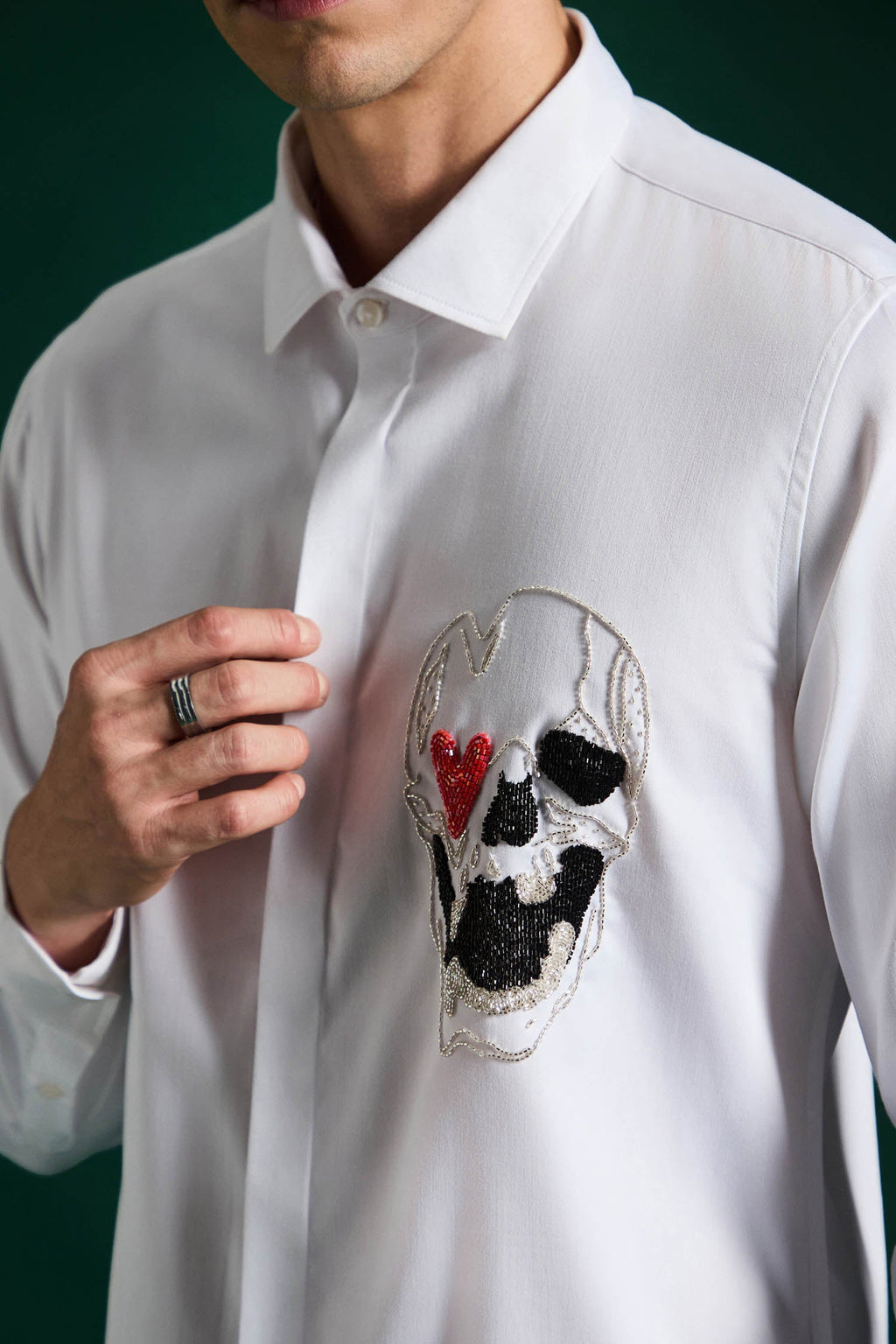 Heart Skull - Hand Embroidered Designer Shirt - White