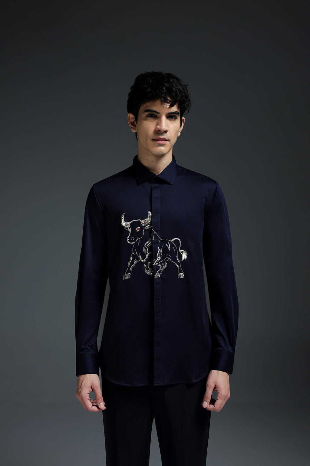Gini(Bull) - Hand Embroidered Designer Shirt - Navy