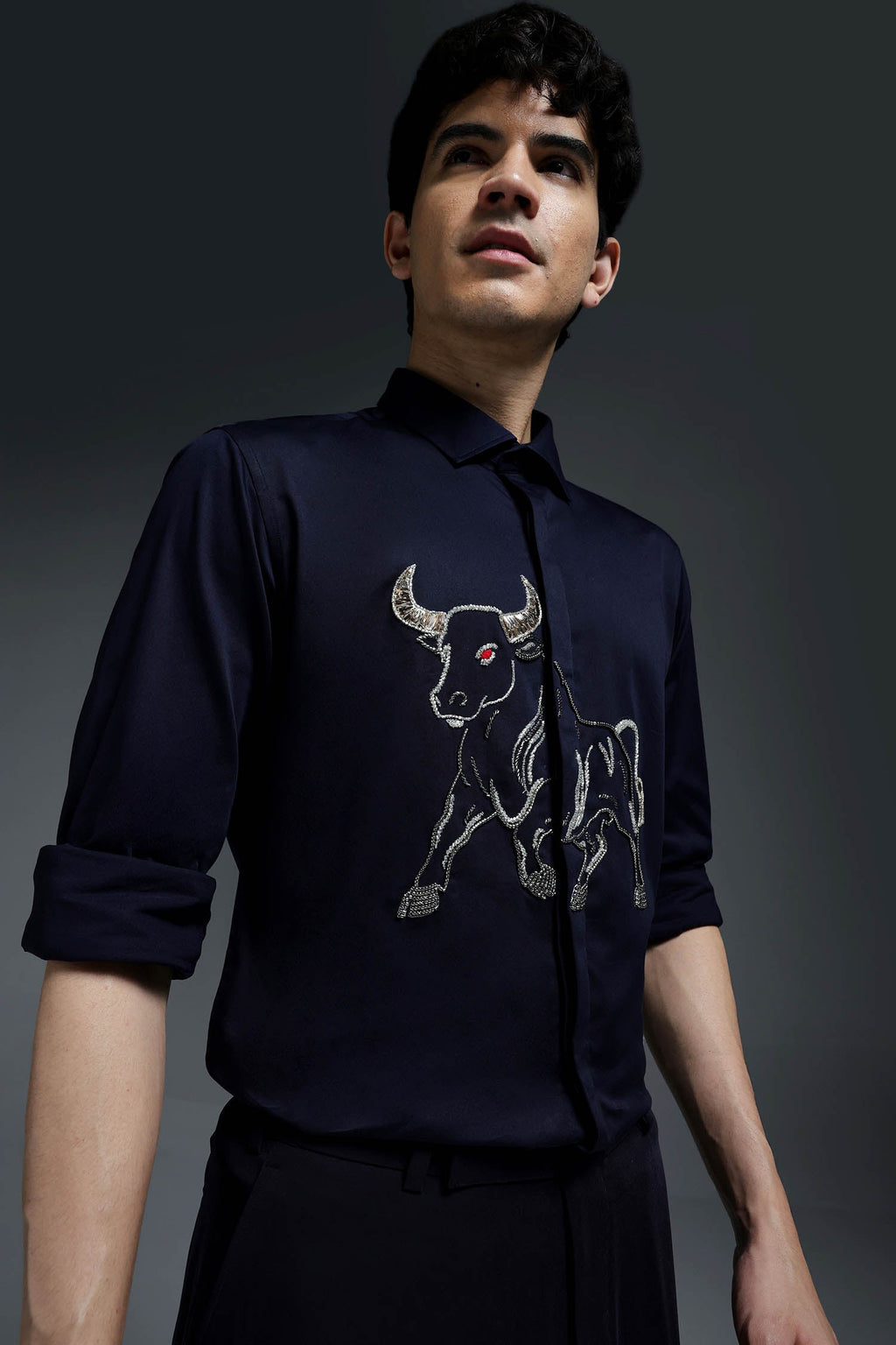 Gini(Bull) - Hand Embroidered Designer Shirt - Navy