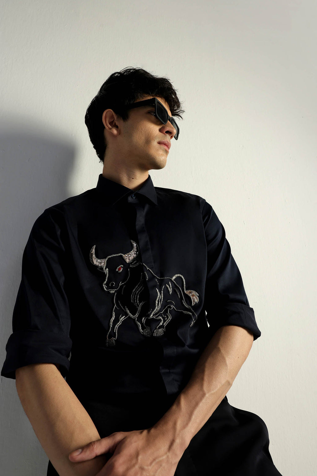Gini(Bull) - Hand Embroidered Designer Shirt - Navy