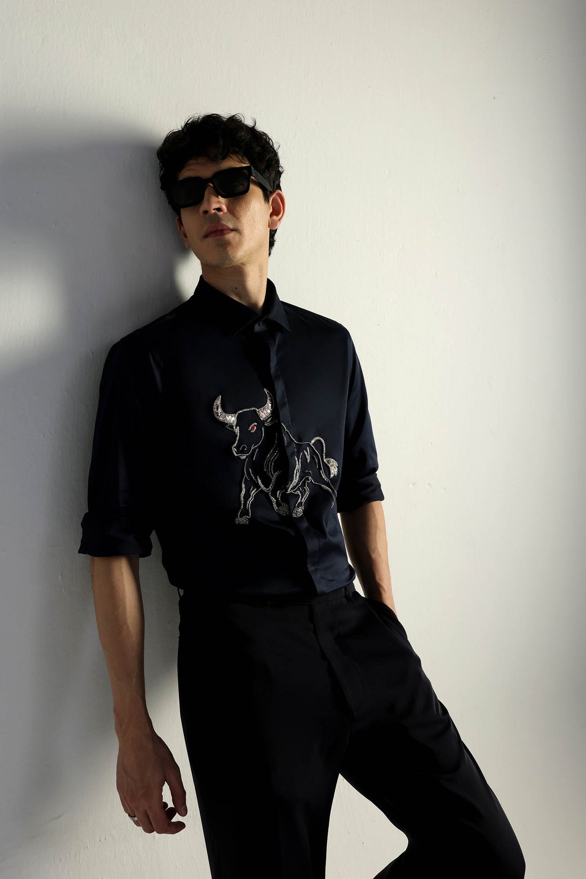 Gini(Bull) - Hand Embroidered Designer Shirt - Navy