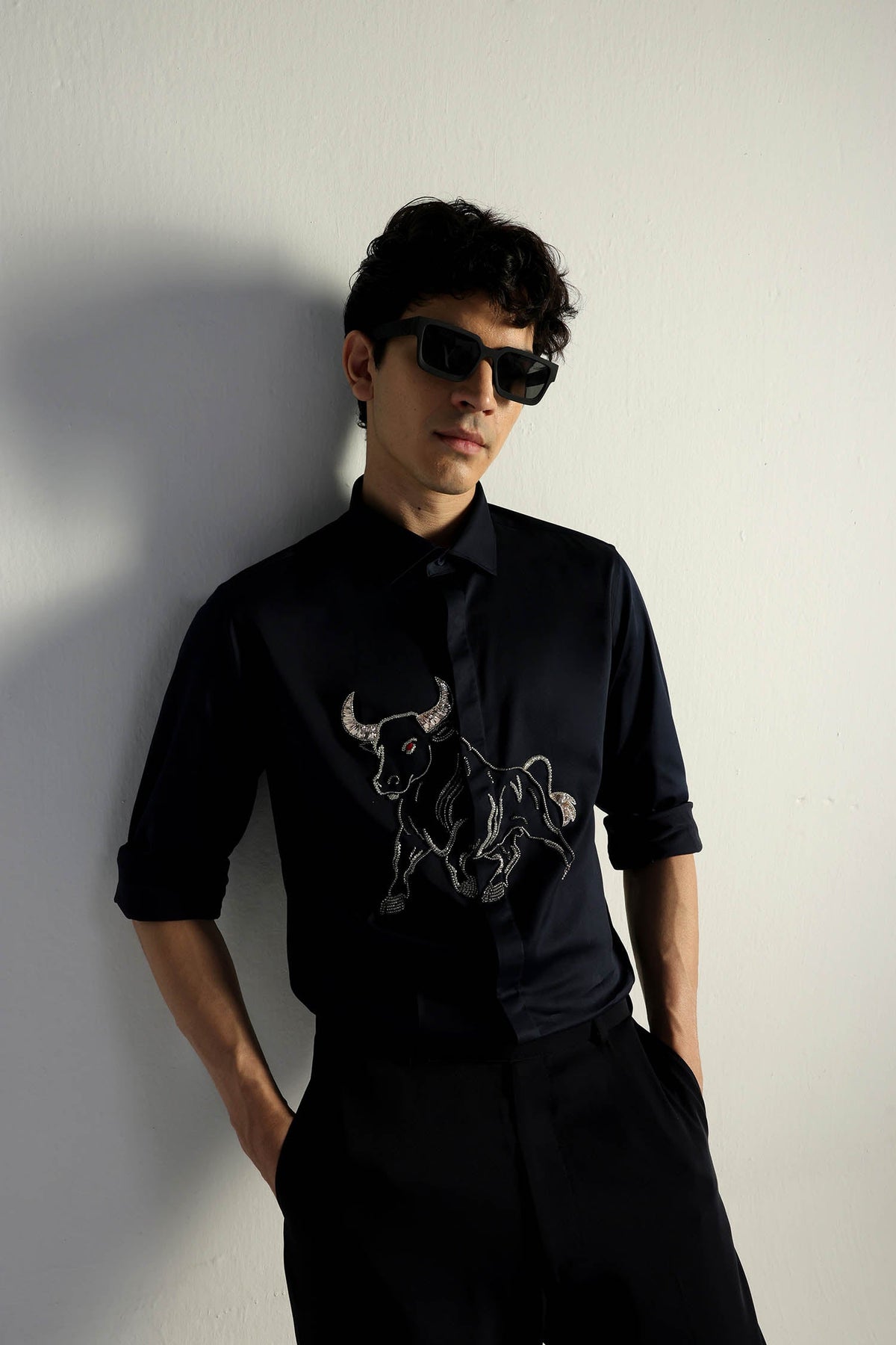 Gini(Bull) - Hand Embroidered Designer Shirt - Navy