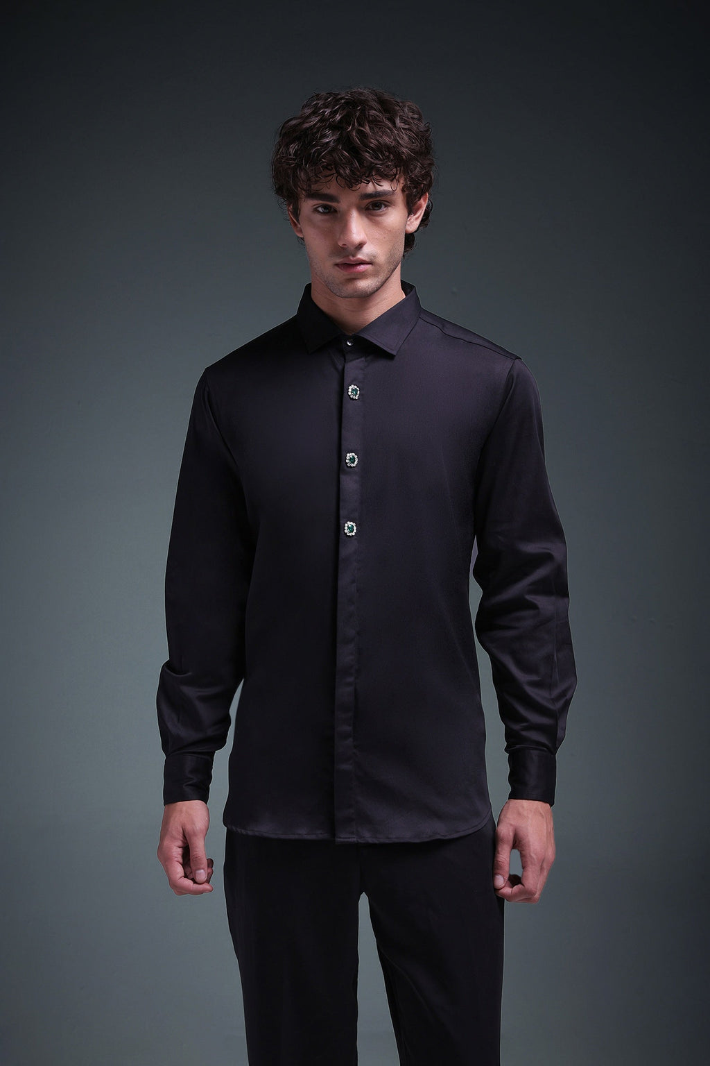 Regal(Green Rhinestone) - Hand Embroidered Designer Shirt - Black