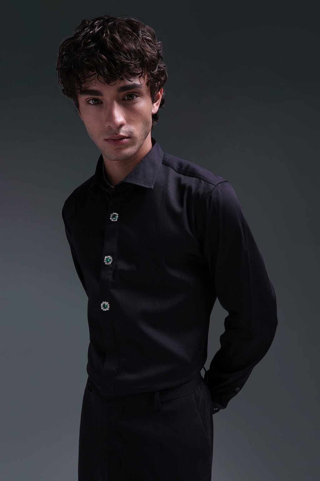 Regal(Green Rhinestone) - Hand Embroidered Designer Shirt - Black