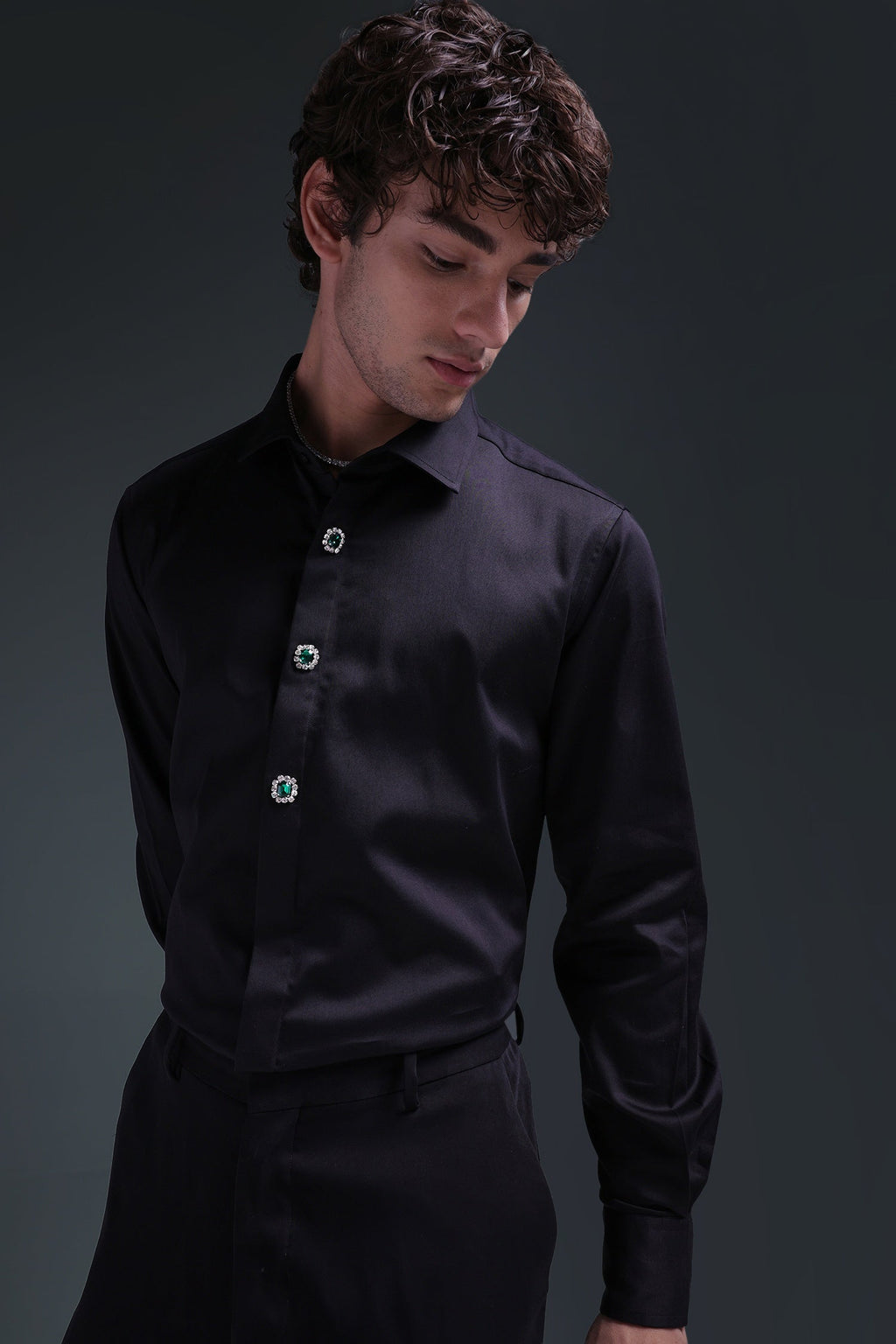 Regal(Green Rhinestone) - Hand Embroidered Designer Shirt - Black
