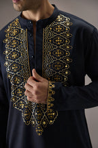 Ripple(Traditional) - Hand Embroidered Designer Kurta - Navy