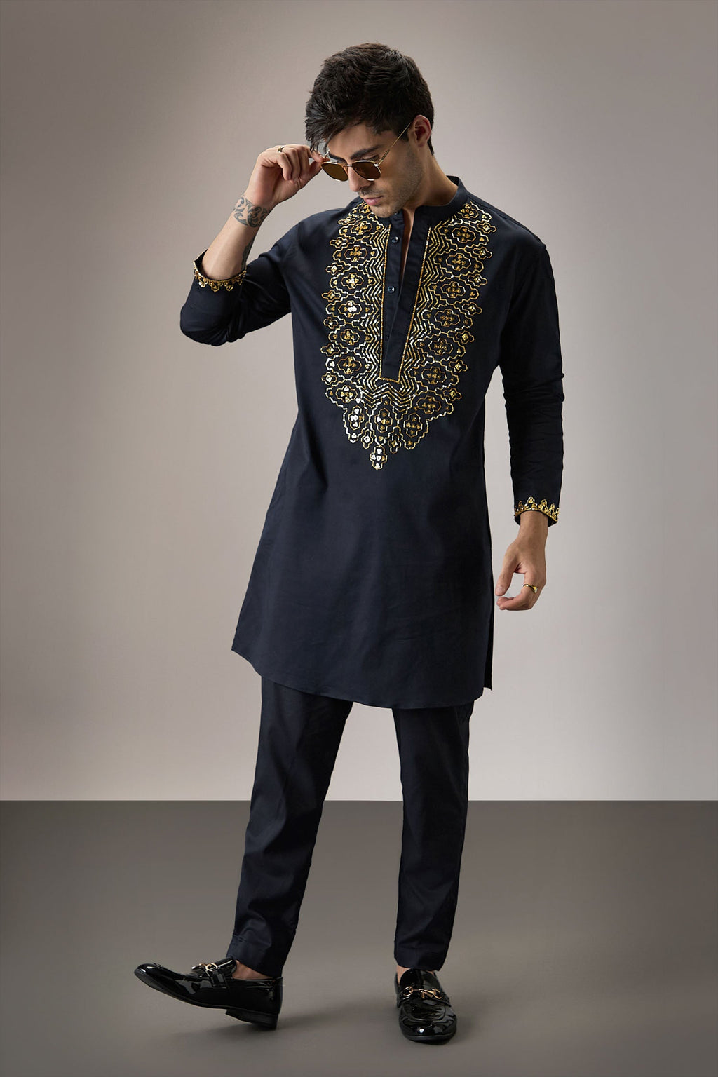 Ripple(Traditional) - Hand Embroidered Designer Kurta - Navy