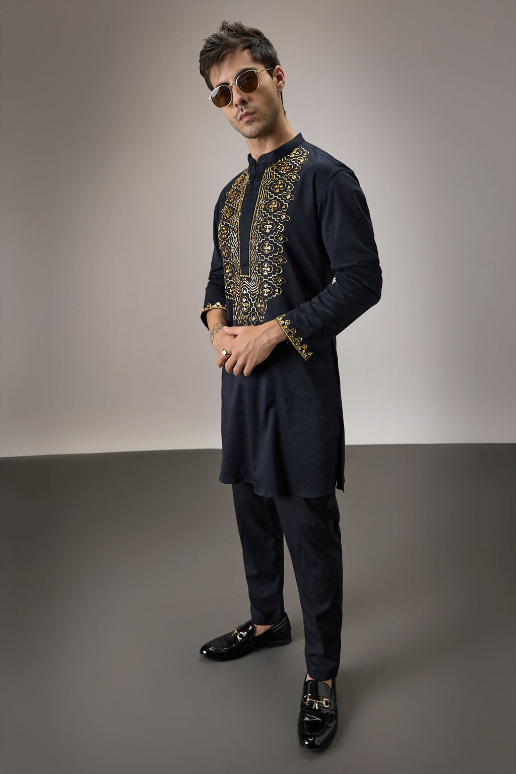 Ripple(Traditional) - Hand Embroidered Designer Kurta - Navy