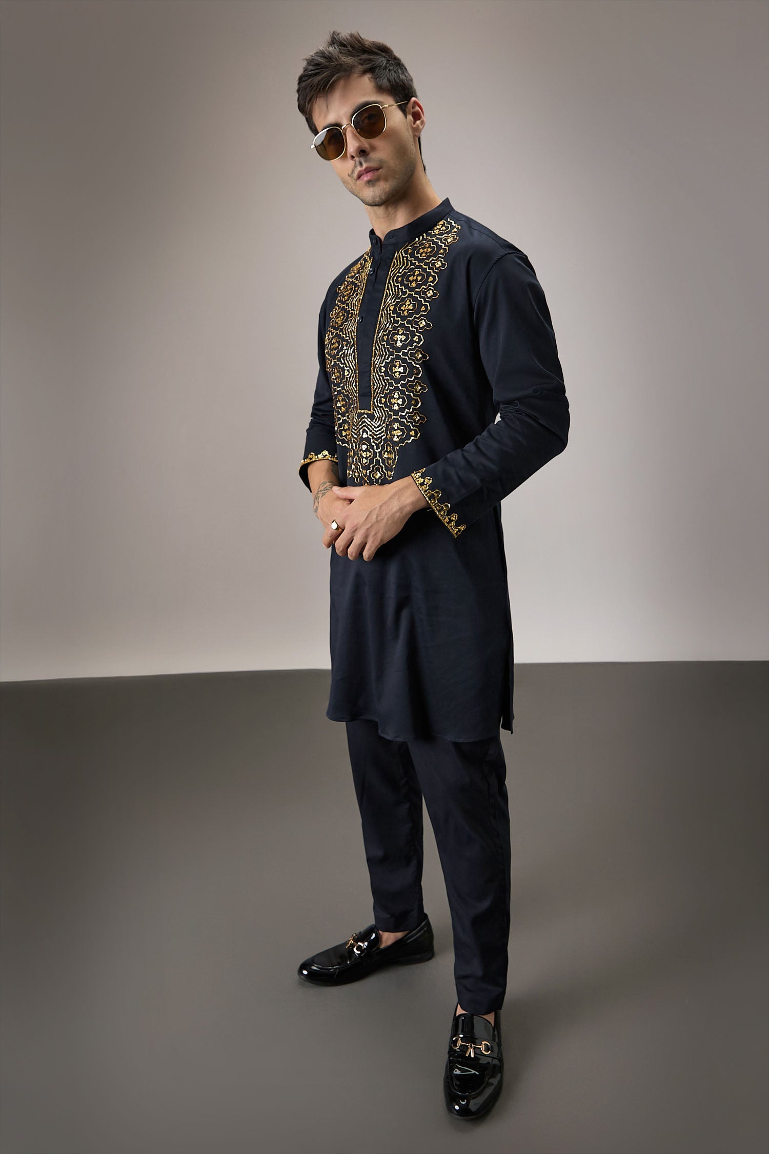 Ripple(Traditional) - Hand Embroidered Designer Kurta - Navy