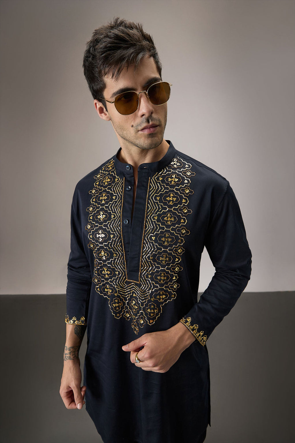 Ripple(Traditional) - Hand Embroidered Designer Kurta - Navy