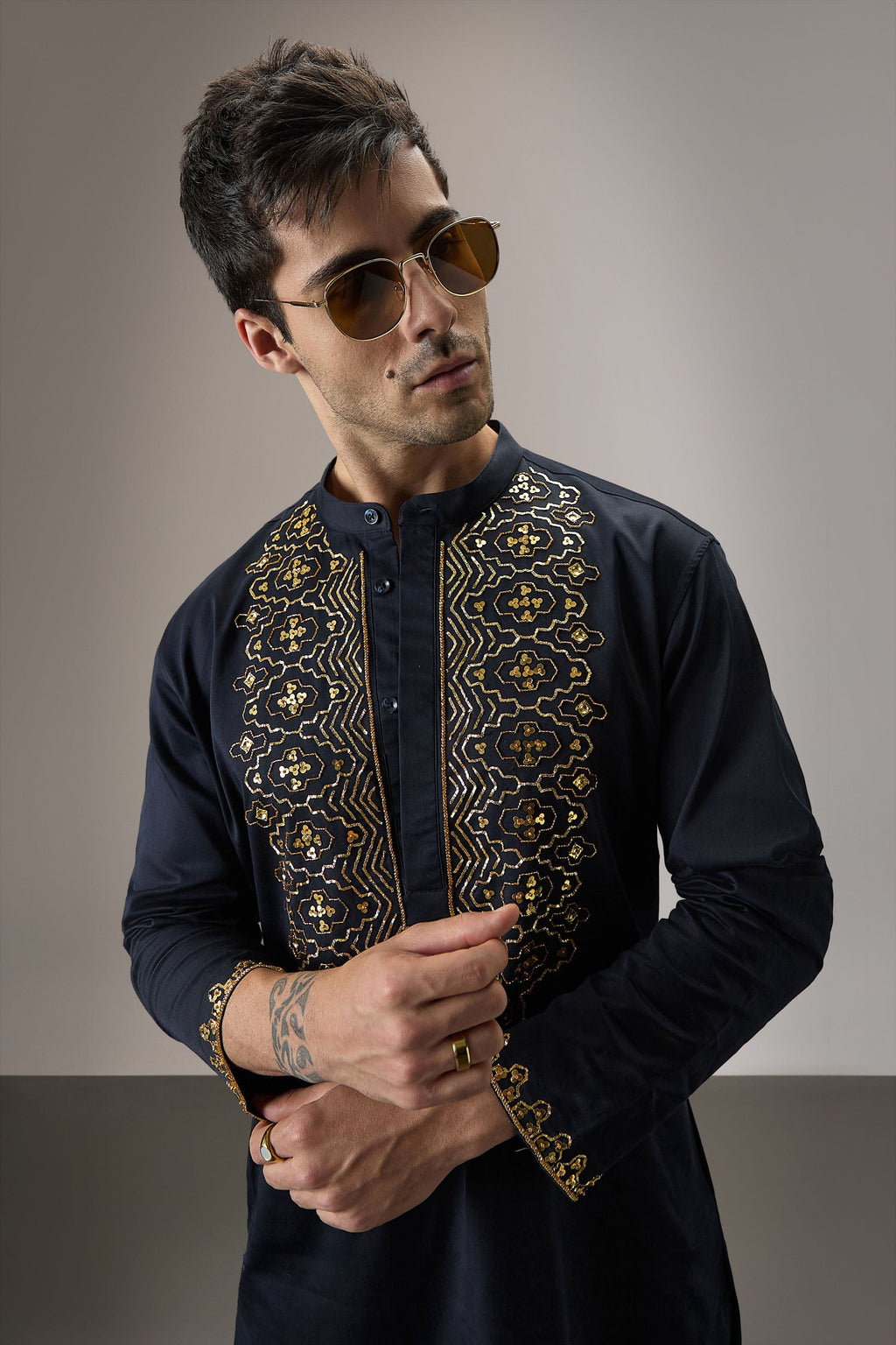 Ripple(Traditional) - Hand Embroidered Designer Kurta - Navy