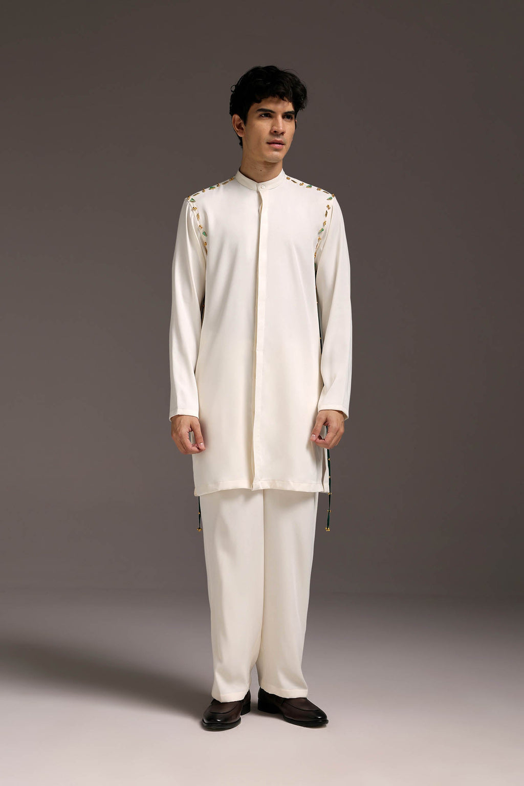 Cord (Ghungroo)- Hand Embroidered Designer Kurta Set - Ivory