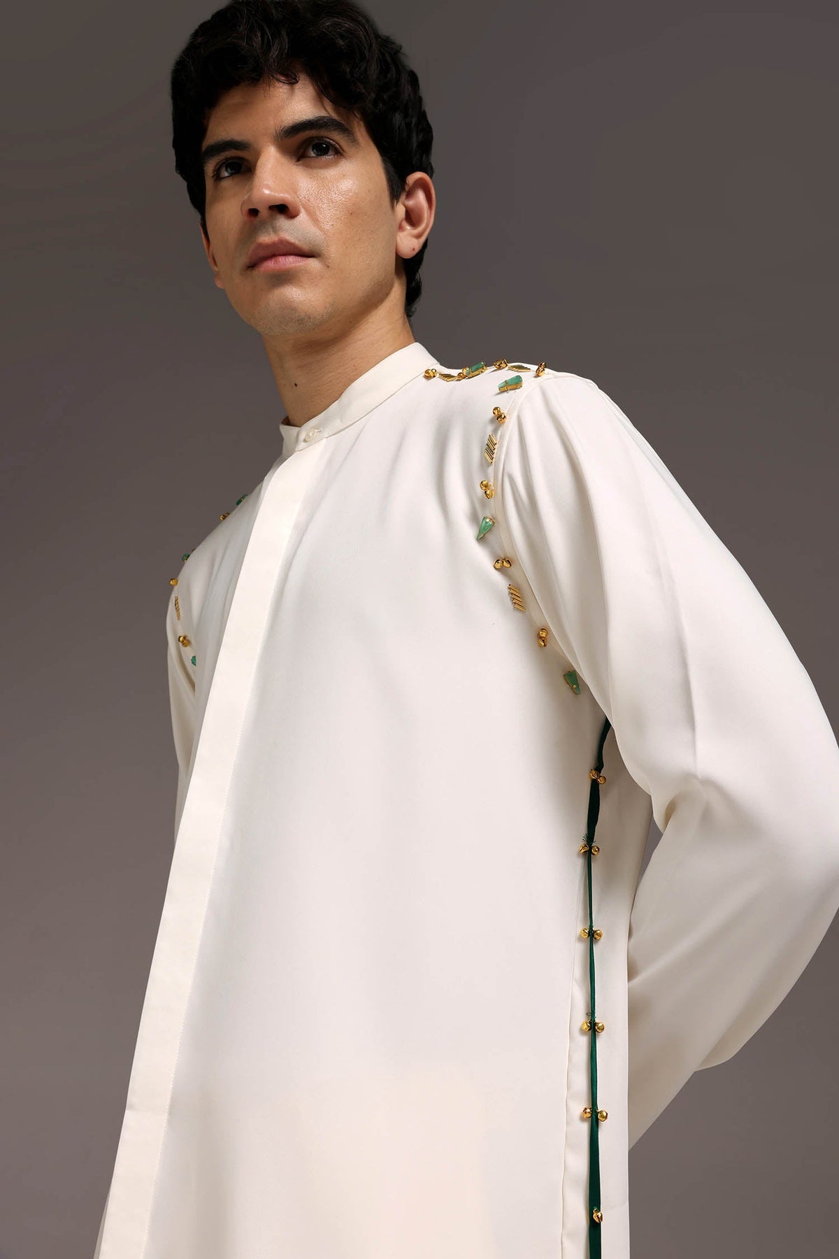 Cord (Ghungroo)- Hand Embroidered Designer Kurta Set - Ivory