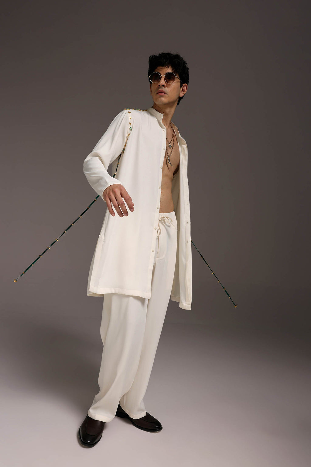 Cord (Ghungroo)- Hand Embroidered Designer Kurta Set - Ivory