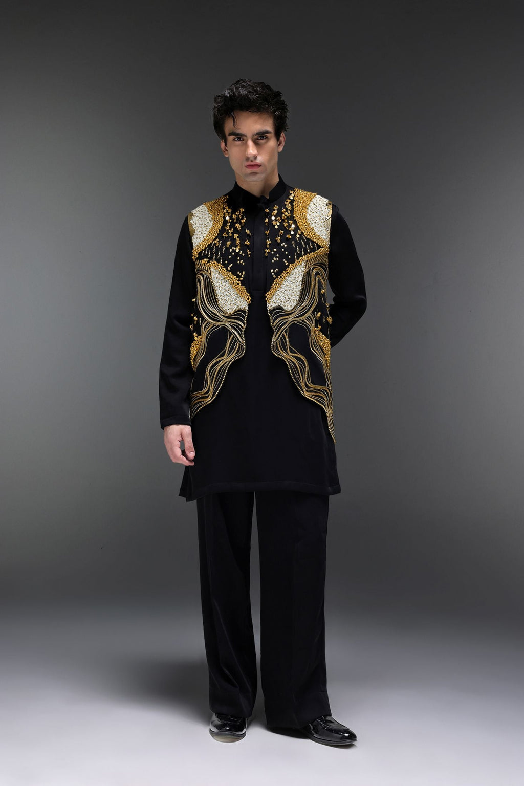 Golden Pearl (Gungru Cutwork) - Hand Embroidered Designer Bundi With Lachka Kurta - Black