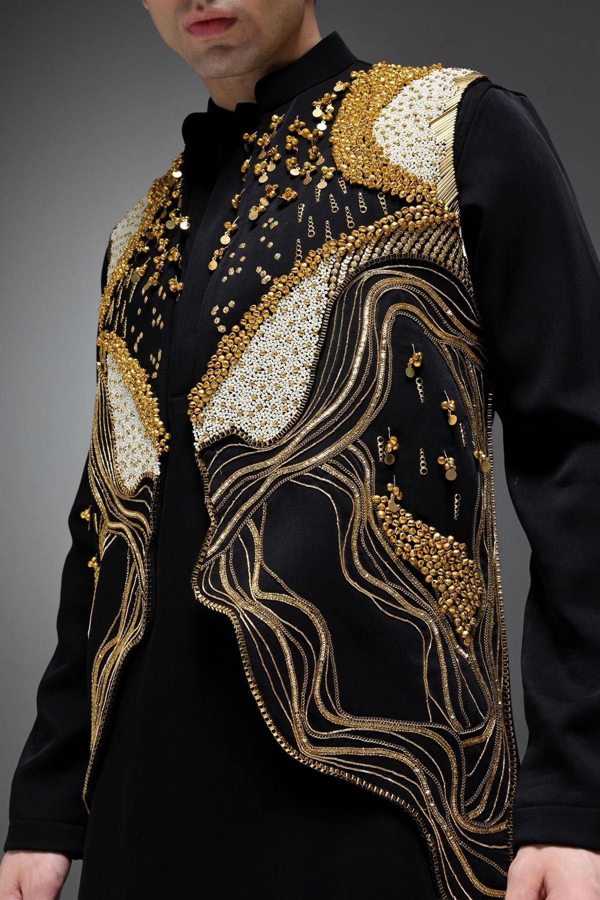 Golden Pearl (Gungru Cutwork) - Hand Embroidered Designer Bundi With Lachka Kurta - Black