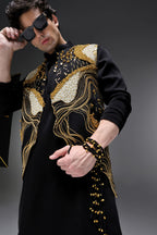 Golden Pearl (Gungru Cutwork) - Hand Embroidered Designer Bundi With Lachka Kurta - Black
