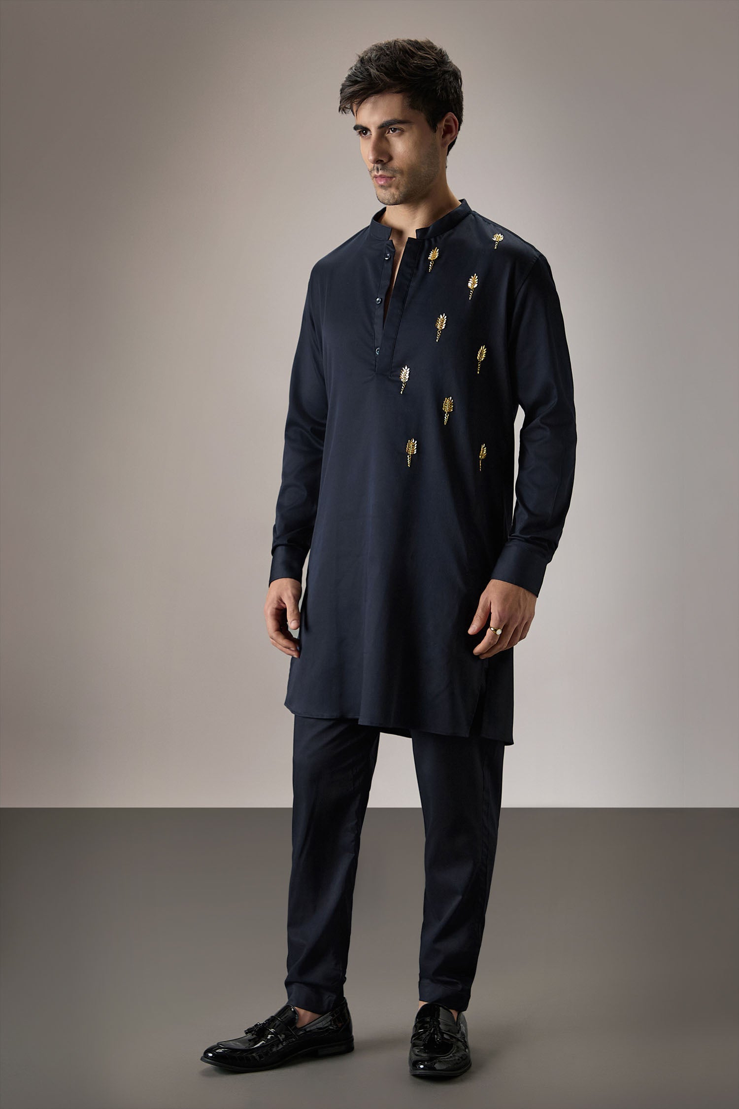 Posy Gold(Floral)  - Hand Embroidered Designer Kurta - Navy