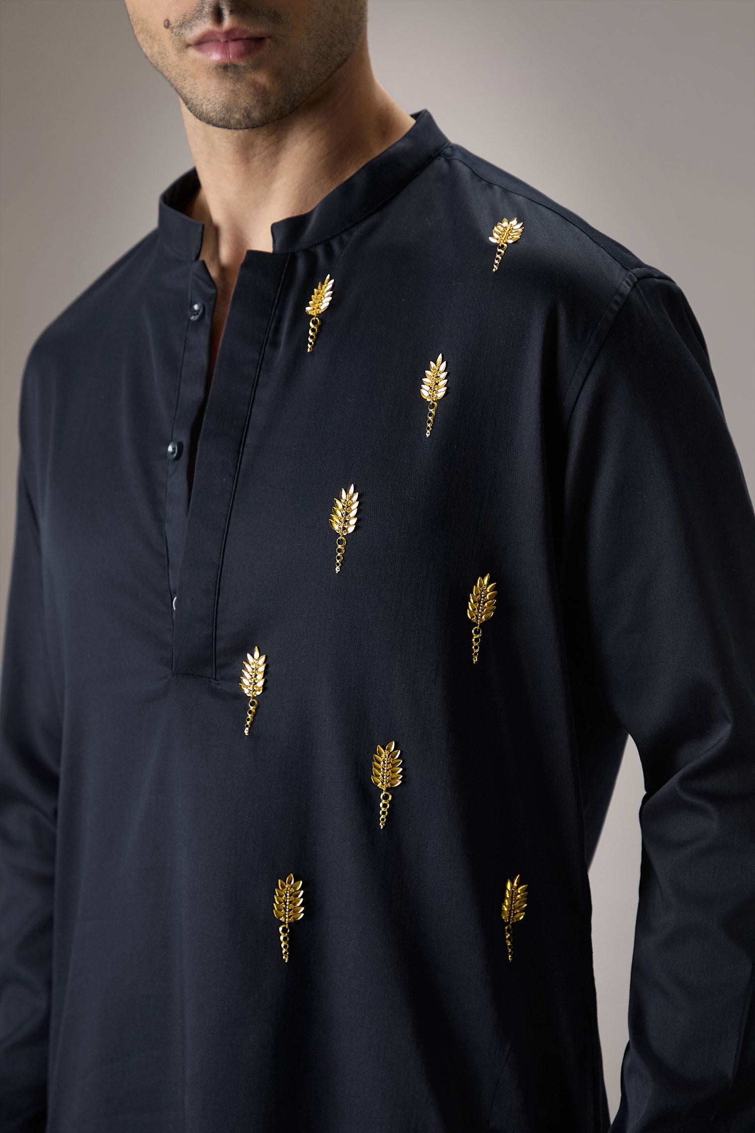 Posy Gold(Floral)  - Hand Embroidered Designer Kurta - Navy