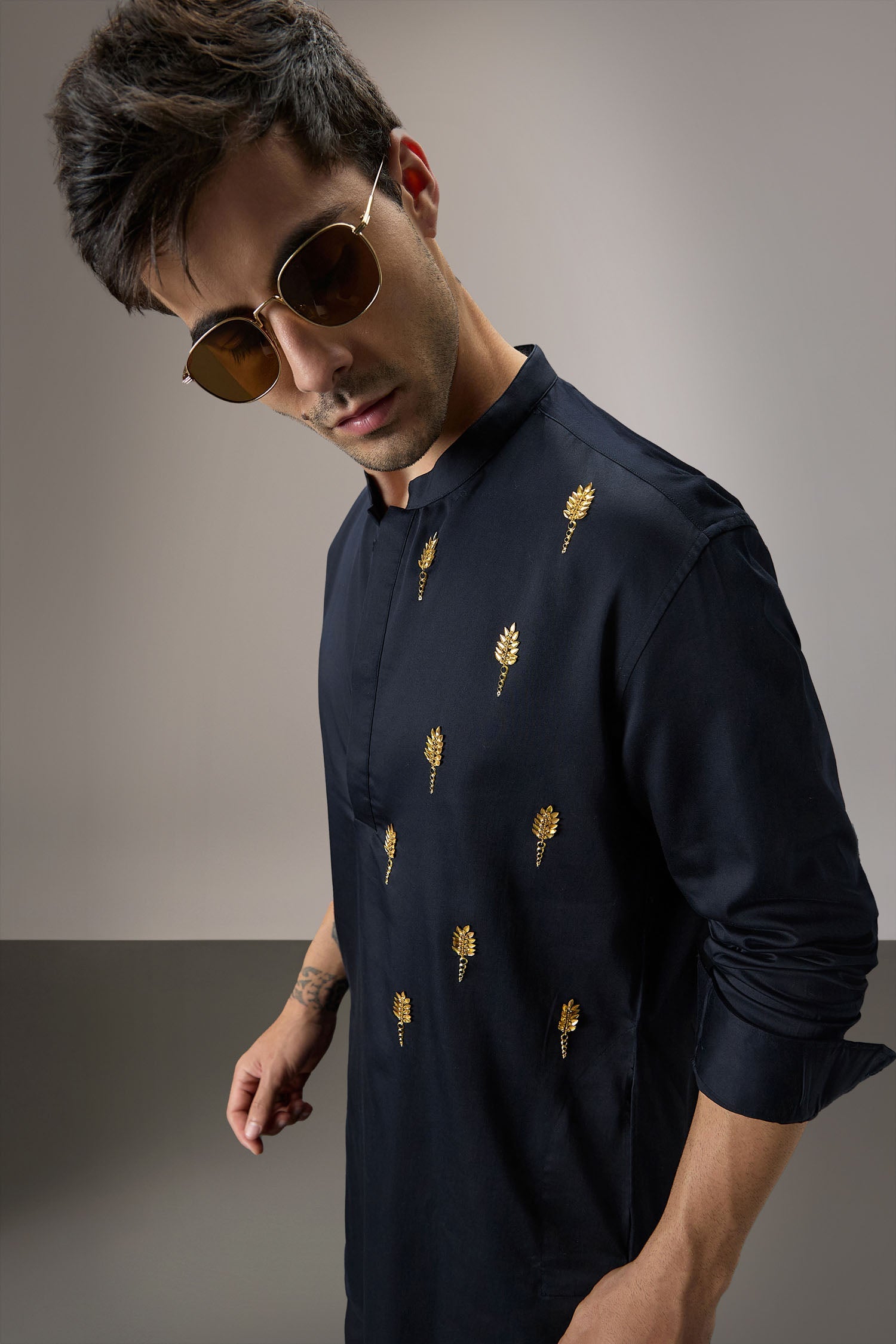 Posy Gold(Floral)  - Hand Embroidered Designer Kurta - Navy